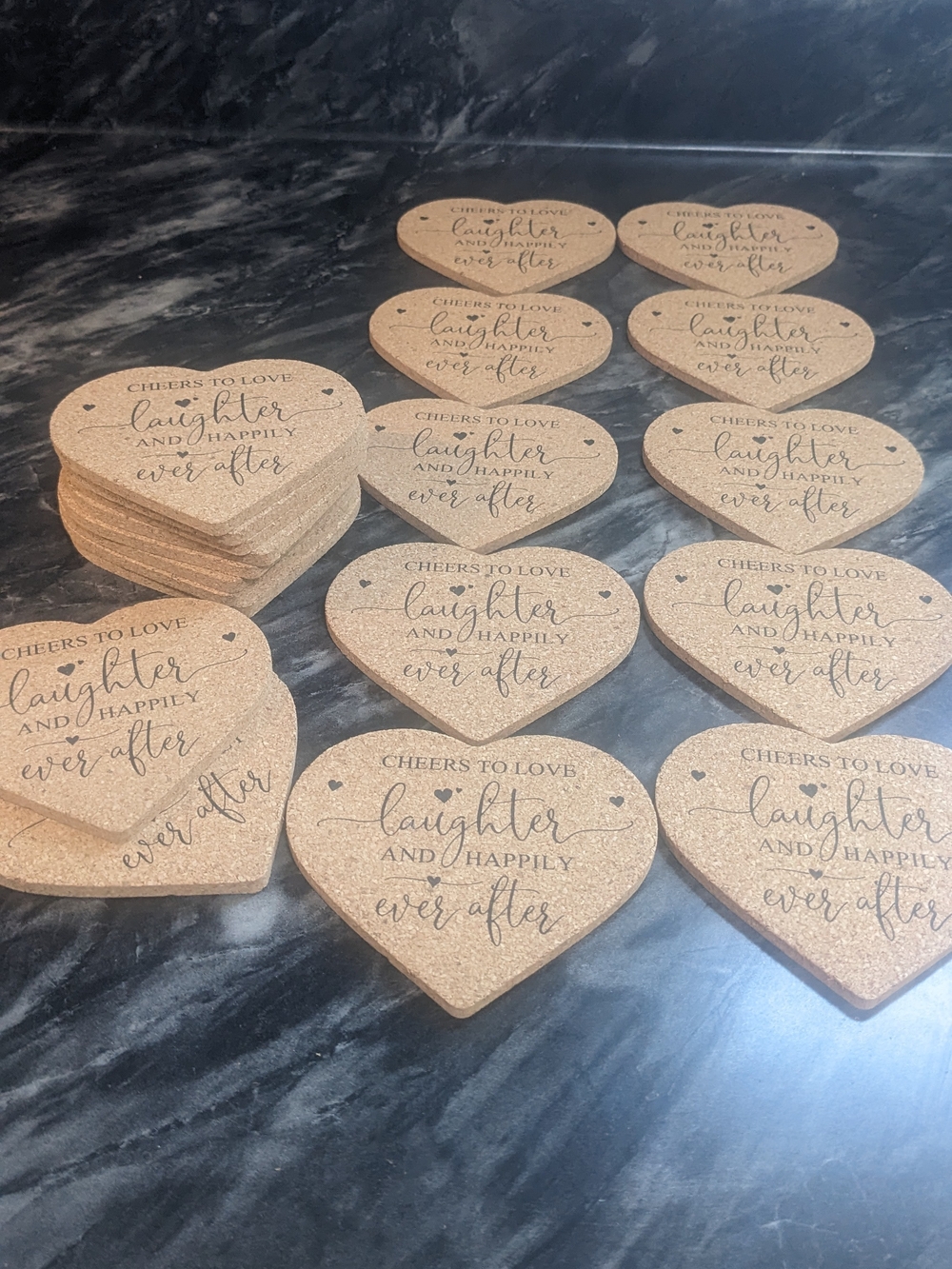 Cork Heart Coasters - Natural Brown "Laughter and Happily Ever After" Wedding